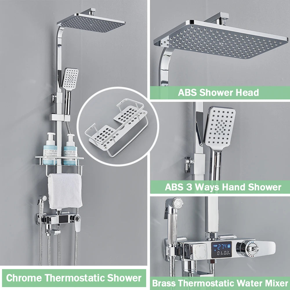 Black Digital Display Thermostatic Shower Faucet Bathroom Thermostatic 4 ways Rainfall Shower Mixer Tap,Shelf and Bidet Faucets