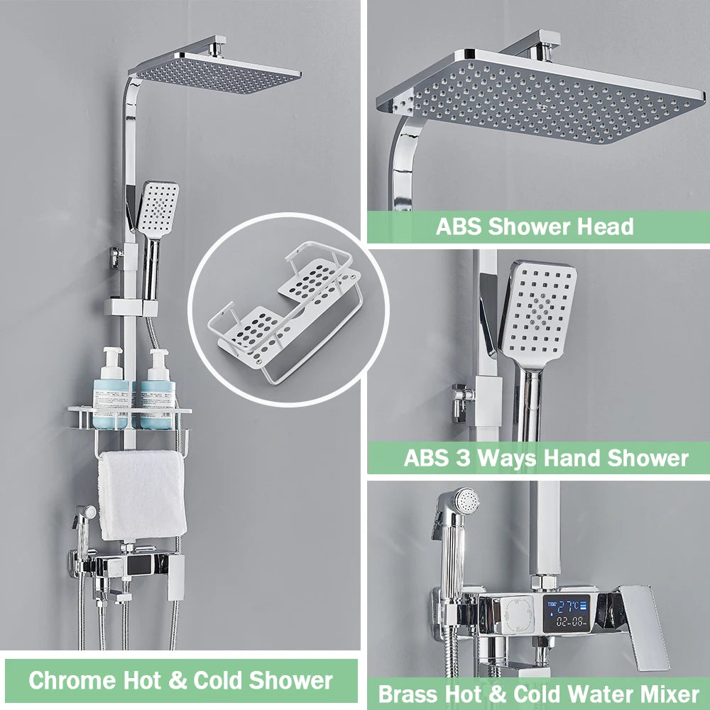 Black Digital Display Thermostatic Shower Faucet Bathroom Thermostatic 4 ways Rainfall Shower Mixer Tap,Shelf and Bidet Faucets