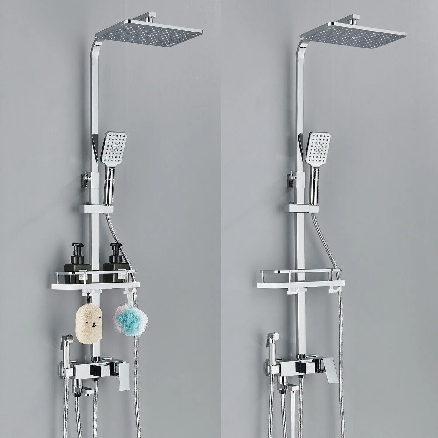 Chrome Brass Shower Faucet Set Rainfall Bathtub Tap With Bathroom Shelf 4 Function Height Adjust Shower Mixer Crane Fast Delivey