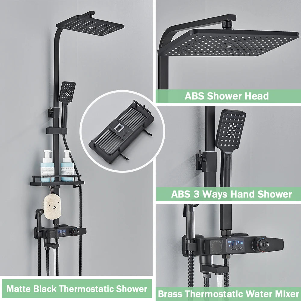 Black Digital Display Thermostatic Shower Faucet Bathroom Thermostatic 4 ways Rainfall Shower Mixer Tap,Shelf and Bidet Faucets