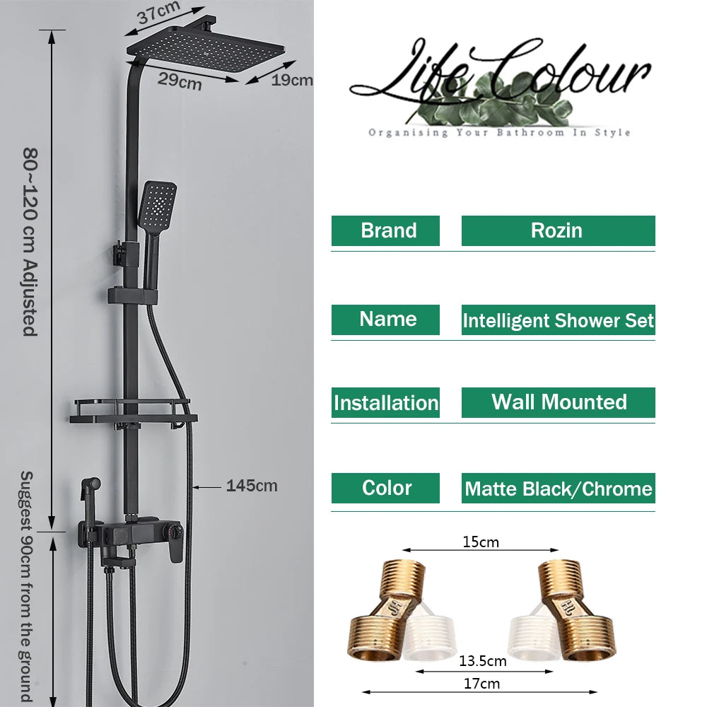 Black Digital Display Thermostatic Shower Faucet Bathroom Thermostatic 4 ways Rainfall Shower Mixer Tap,Shelf and Bidet Faucets