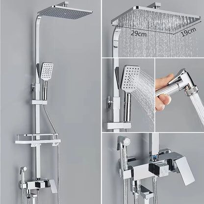 Chrome Brass Shower Faucet Set Rainfall Bathtub Tap With Bathroom Shelf 4 Function Height Adjust Shower Mixer Crane Fast Delivey