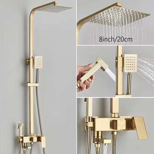Chrome Brass Shower Faucet Set Rainfall Bathtub Tap With Bathroom Shelf 4 Function Height Adjust Shower Mixer Crane Fast Delivey