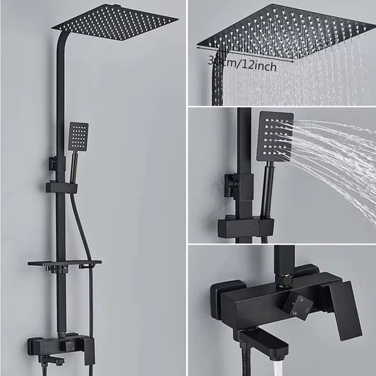 Chrome Brass Shower Faucet Set Rainfall Bathtub Tap With Bathroom Shelf 4 Function Height Adjust Shower Mixer Crane Fast Delivey